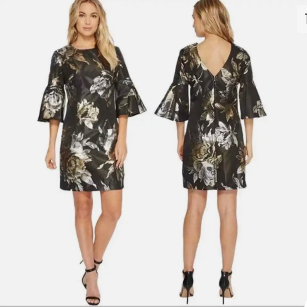 Trina Turk Rachelle Black Metallic Jacquard Bell Sleeve Cocktail Dress